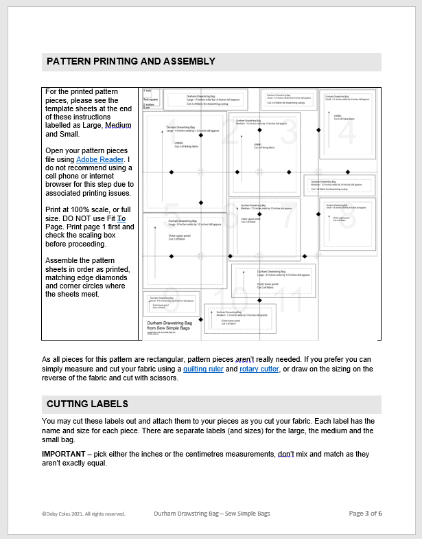 Example of a layout chart for a multipage sewing pattern