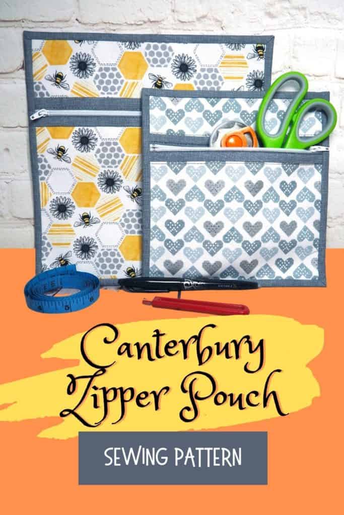 Sewing pattern for the Canterbury Zipper Pouch. This easy beginner friendly zipper pouch sewing pattern includes 2 sizes in the same pattern. Learn how to sew a zipper pouch with this sewing pattern and full video sewalong tutorial. Easy bag sewing pattern for beginners, plus tips and advice for how to sew binding to cover raw edges on your bag. A trimmed or bound zipper completes the smart look.