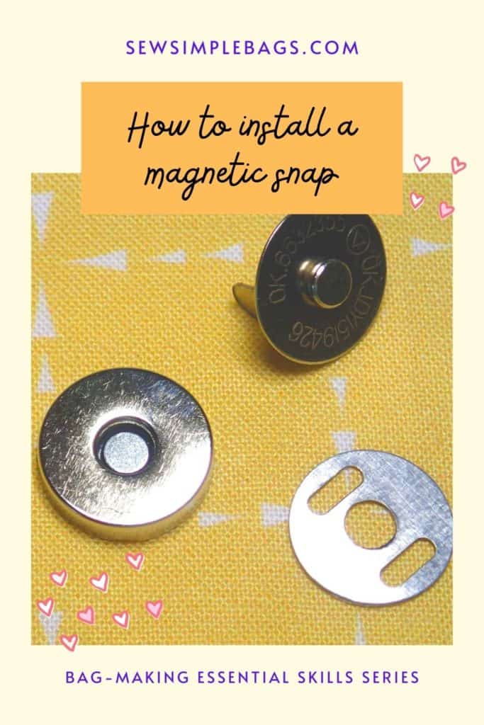 How to install a magnetic snap. Easy to follow step by step sewing tutorial with photos for sewing beginners. Easy and essential bag making skills series shows how to get the perfect result when installing a magnetic snap or button into a bag or purse project. Tips for getting a strong result, where to buy magnetic snaps and how to identify the parts of the snap.