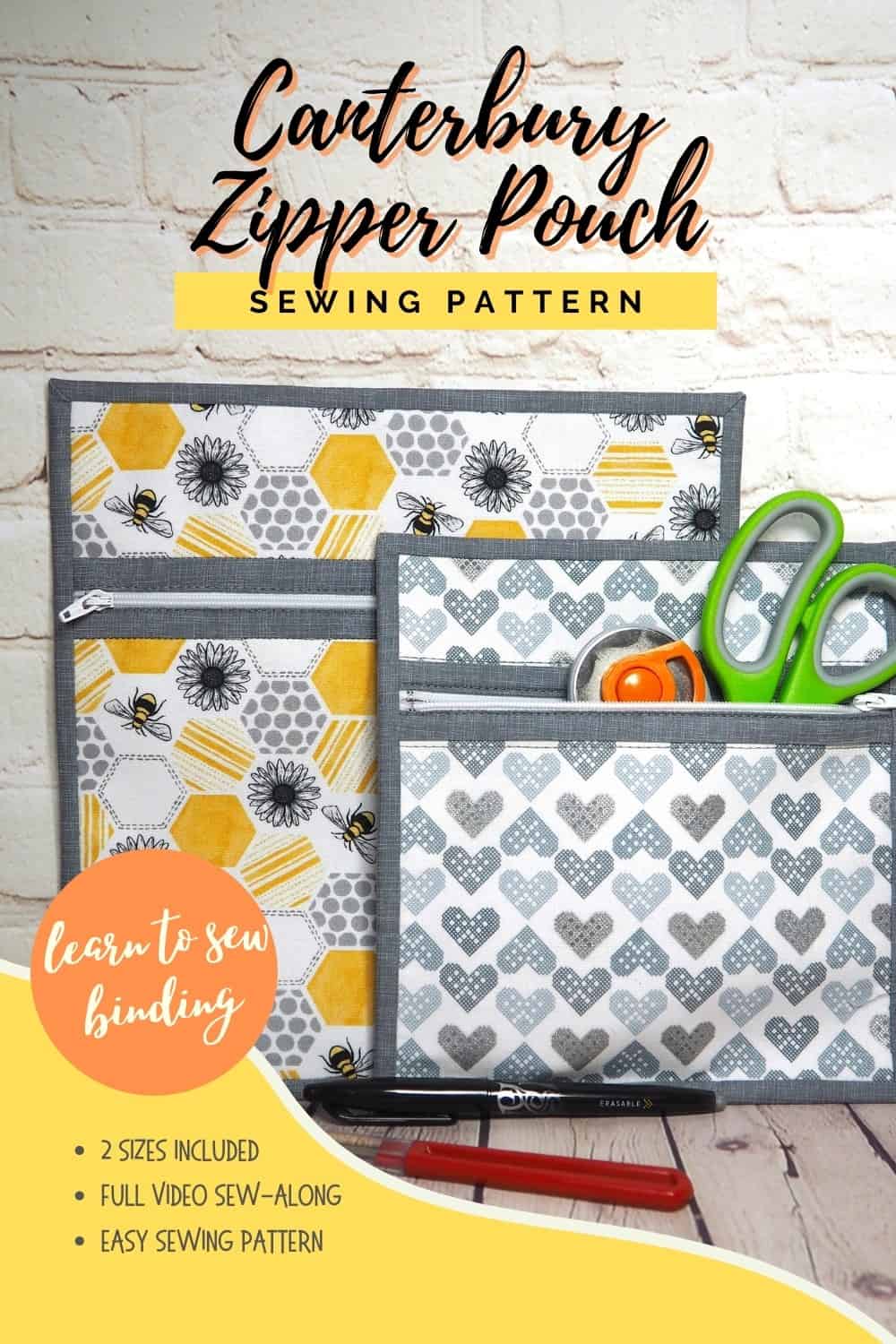 Two zipper pouches side by side, one showing its use as storage to sew for sewing and craft supplies. The Canterbury Zipper Pouch sewing pattern with video tutorial.