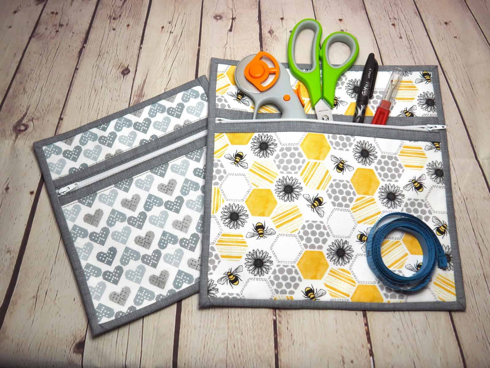 Two zipper pouches side by side. The Canterbury Zipper Pouch sewing pattern with video tutorial.