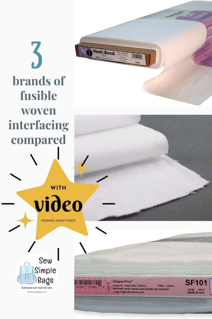 Video comparison of three different types of fusible woven interfacing. Which woven interfacing to use for bag making? I compare ShapeFlex SF101, WovenFuse 2 and Thermoweb Soft Woven Interfacing. See how these interfacing products compare side by side, how they change the fabric differently and my tips for which product might be best for which situation. Which interfacing to use for bag making. Which interfacing is best for my sewing pattern.