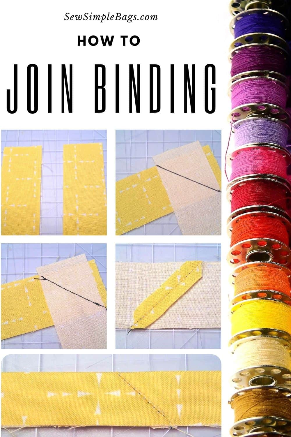 Step by step photo instructions for how to join binding with a diagonal seam to reduce bulk