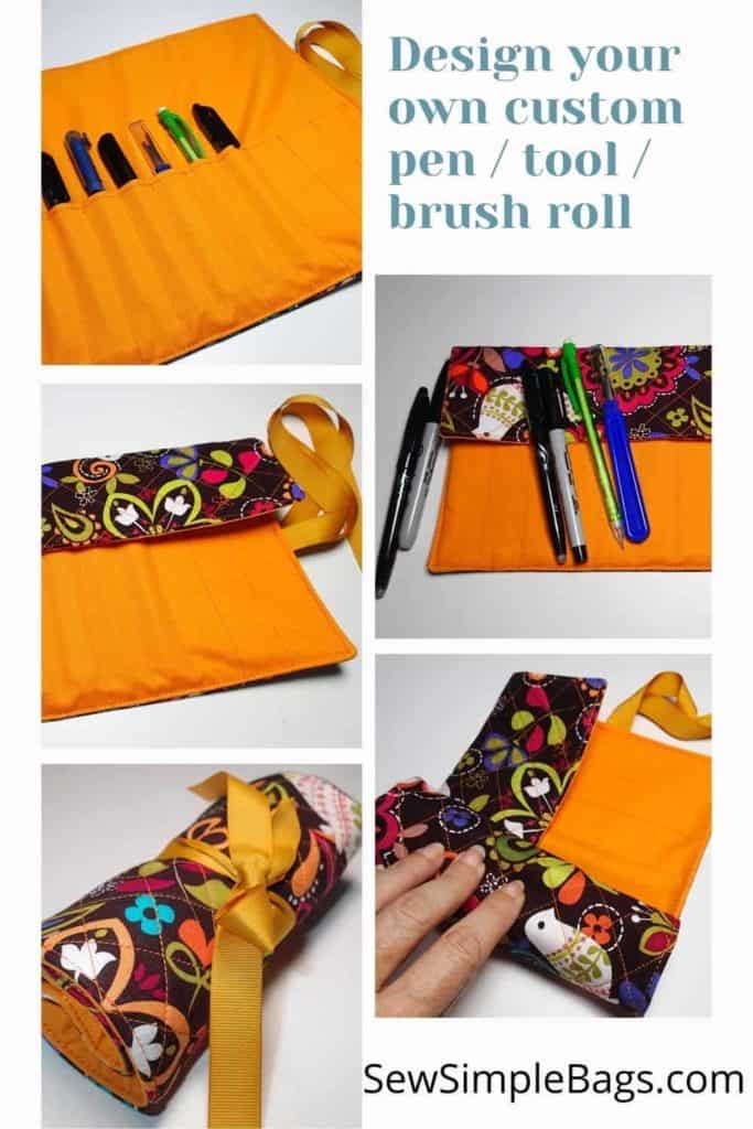 FREE sewing pattern and video tutorial for how to sew a brush roll. This handy tool caddy to sew is ideal to sew and use as a case to store crochet hooks, sewing supplies, craft supplies, pens, pencils, crayons, artist brushes, cosmetic brushes and lots more. The video tutorial shows you how to design your own custom sewing pattern so your tool caddy or brush roll sewing pattern with be perfect for you.