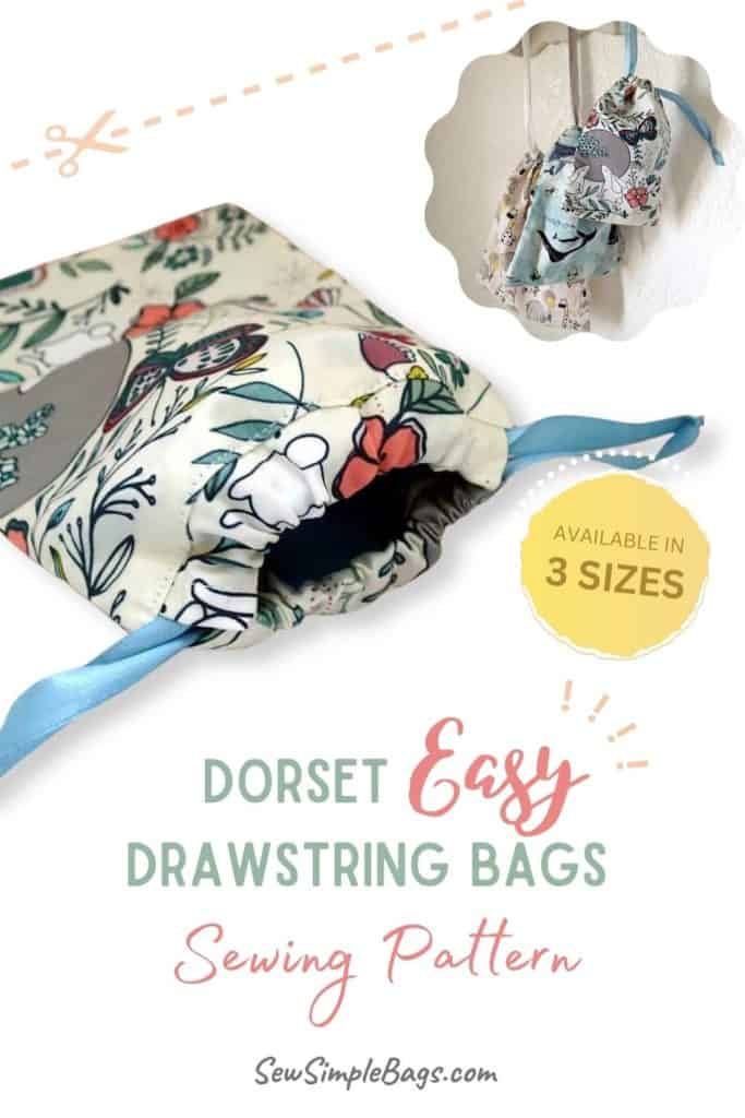 Dorset drawstring bags sewing pattern. A set of three very easy to sew drawstring bags which are ideal for beginners learning to sew. Step by step photo instructions. These bags are scrap friendly and ideal to use as gift bags and storage ideas to sew. Easy bag to sew for beginners. SewSimpleBags