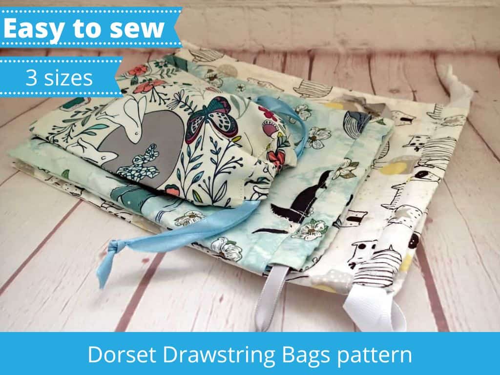 Dorset easy drawstring bag seiwng pattern, image of all three drawstring bags to sew lying flat
