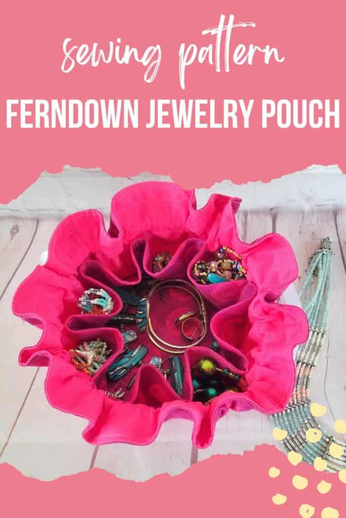 Ferndown Jewelry Pouch sewing pattern. An easy to sew jewelry case or travel pouch that holds bangles, earrings, rings, necklaces and more. This beginner friendly sewing pattern has step by step photo instructions and printable pattern pieces. Cinches close to keep small jewelry safe. Jewelry pouch sewing pattern with pdf download. SewSimpleBags