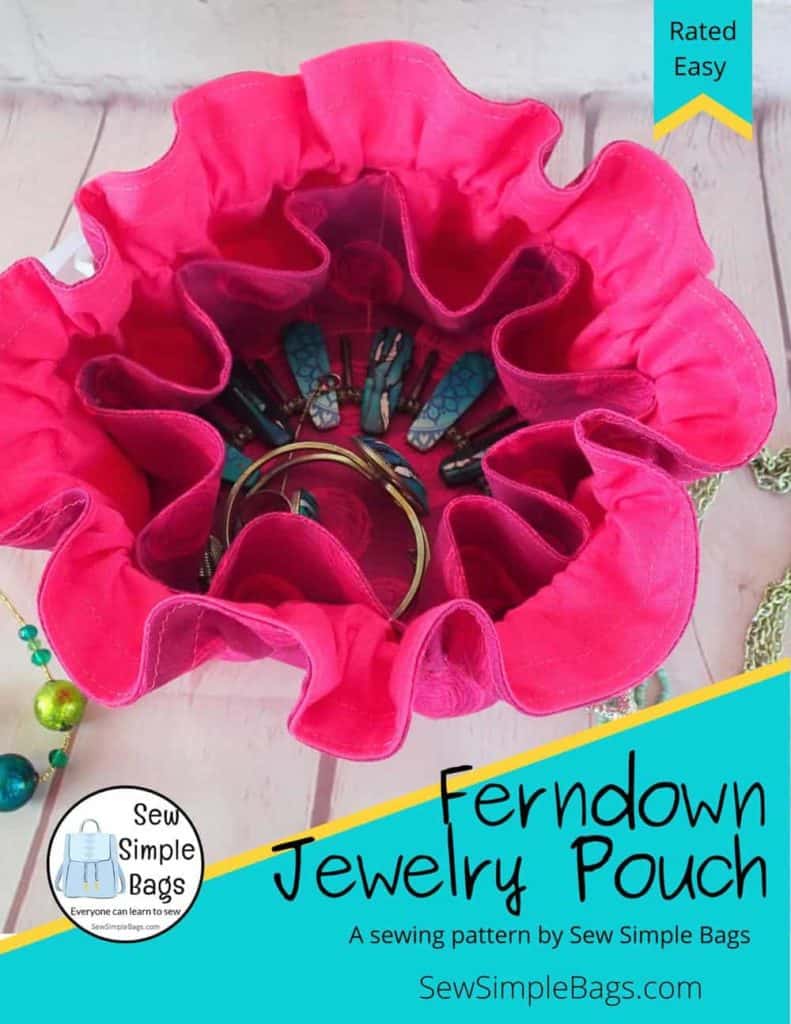 Ferndown Jewelry Pouch sewing pattern. An easy to sew jewelry case or travel pouch that holds bangles, earrings, rings, necklaces and more. This beginner friendly sewing pattern has step by step photo instructions and printable pattern pieces. Cinches close to keep small jewelry safe. Jewelry pouch sewing pattern with pdf download. SewSimpleBags