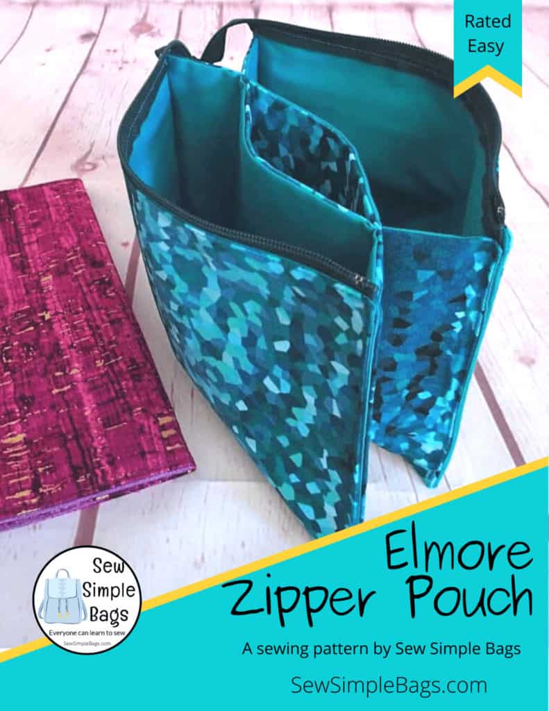 Elmore Zipper Pouch sewing pattern. An easy to sew zipper pouch for beginners. Easy zipper installation, no printed pattern pieces needed. This fully lined diy zipper bag is the ideal quick sew project, or sew to sell. Beginner friendly zipper bag to sew. SewSimpleBags