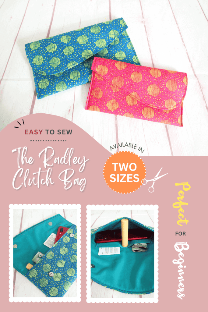 Radley Clutch bag sewing pattern in two sizes. Easy to sew beginner clutch bag pattern. Just one printable pattern piece, no zippers, minimal materials. These diy clutch bag patterns are perfect for the sewing beginner. Can be sewn quilted, instructions included for quilted and not quilted. SewSimpleBags